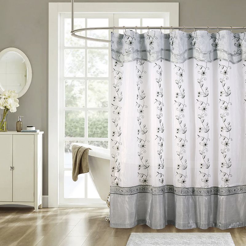 Priscilla Embroidered Shower Curtain With Double Valance