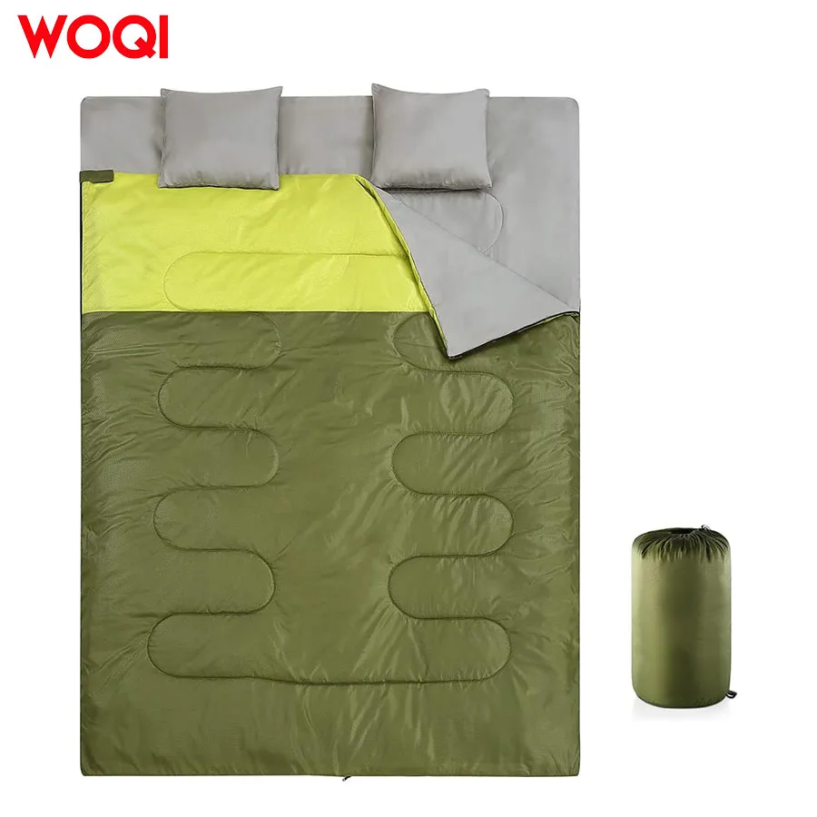 WOQI large waterproof adult double sleeping bag with 2 pillows  suitable for all season camping and hiking backpacks