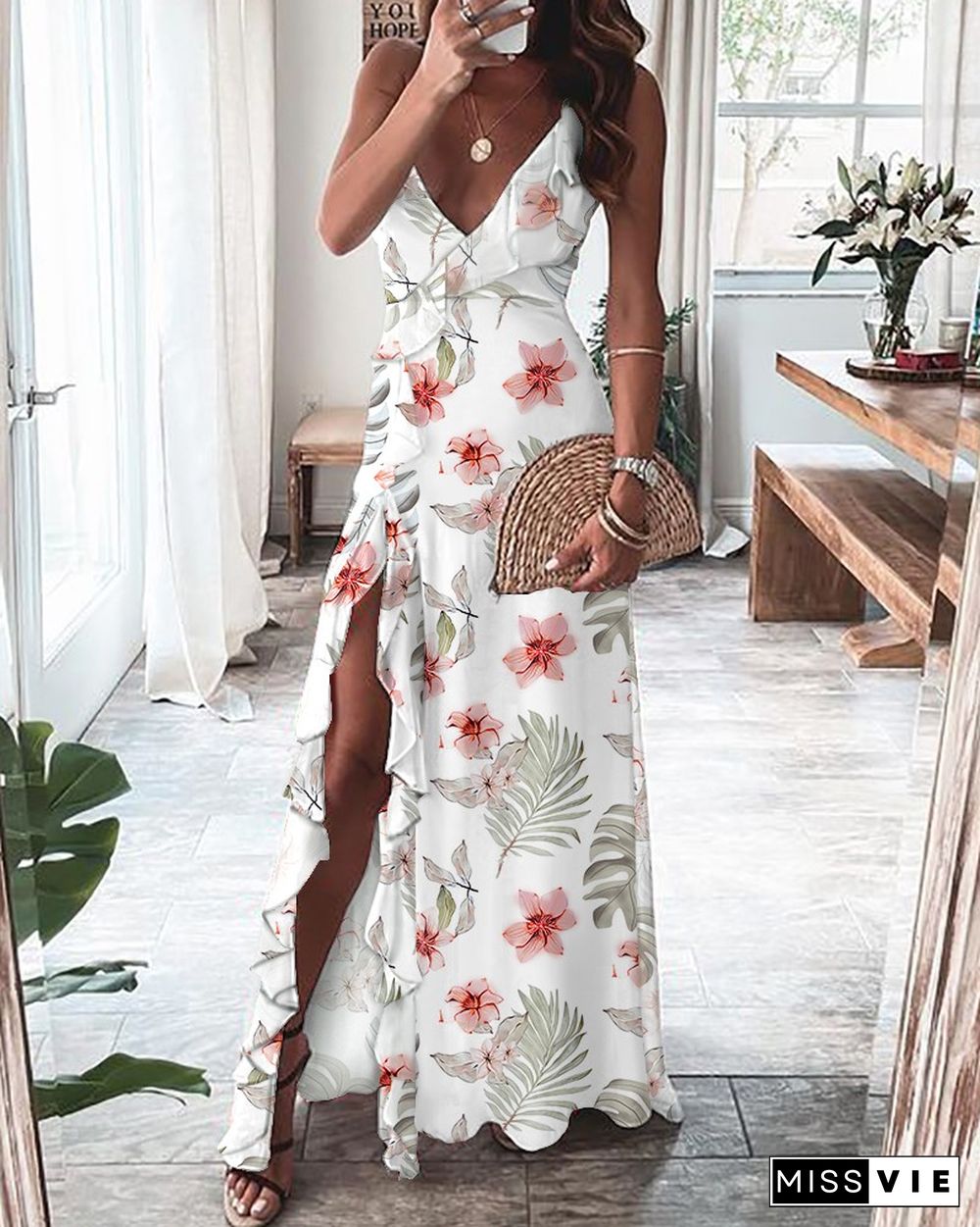 Floral Print Split Thigh Ruffle Hem Cami Dress