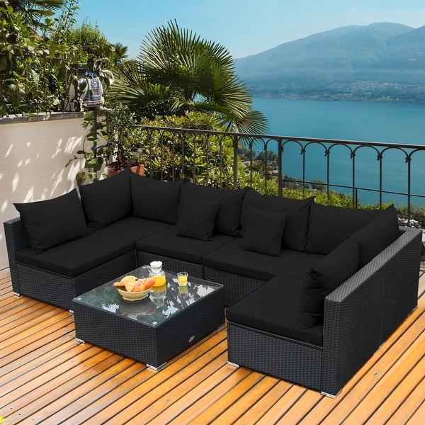 Gymax 7PCS Rattan Patio Conversation Set Sectional Furniture Set w/