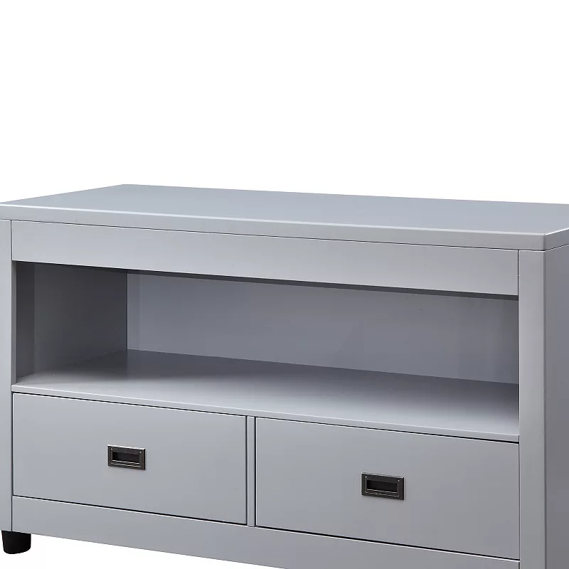 Wooden Console Cabinet with 2 Drawers and Open Shelf， Gray and Black