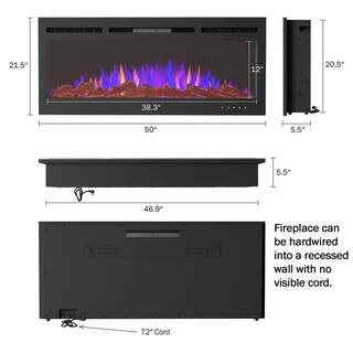 5110 BTU 50 in. Front Vented Fireplace Electric Furnace Wall Mount or Recessed-3 Color LED Flame 5 Brightness Levels 218650LBC