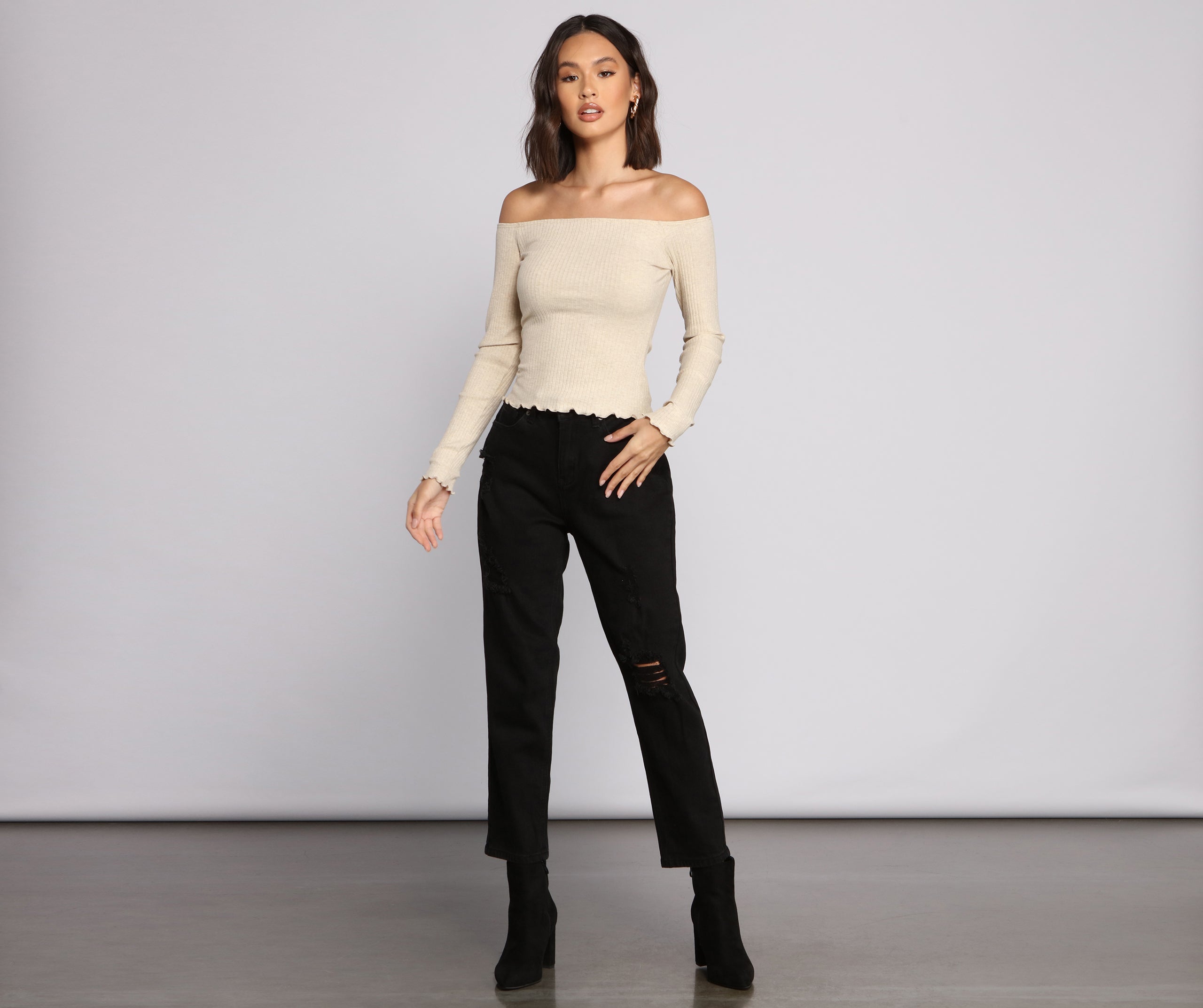 Off The Shoulder Long Sleeve Ribbed Knit Top