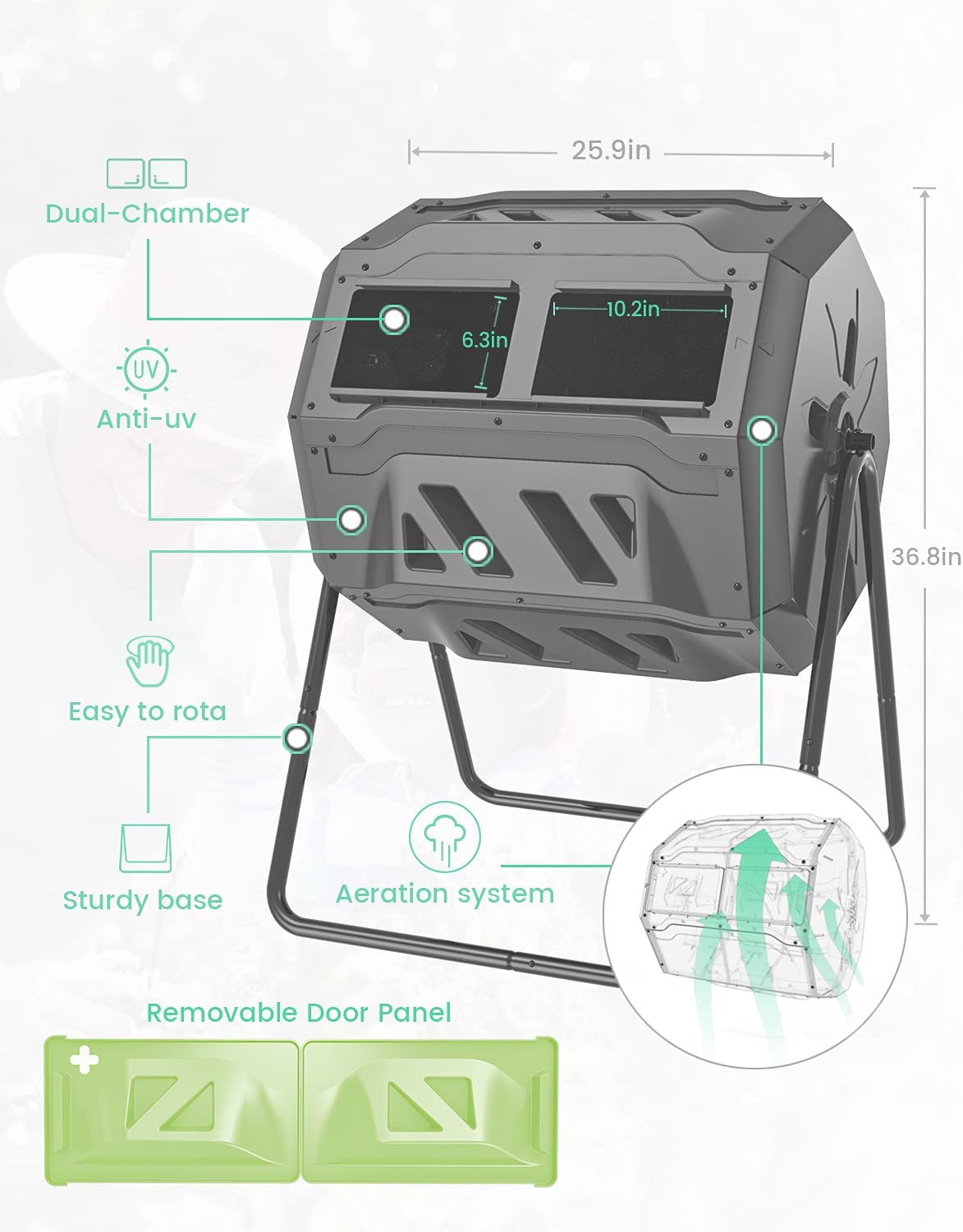 EJWOX Compost Bin Tumbler Outdoor 43 Gal, Dual Chamber, BPA Free, Green Door