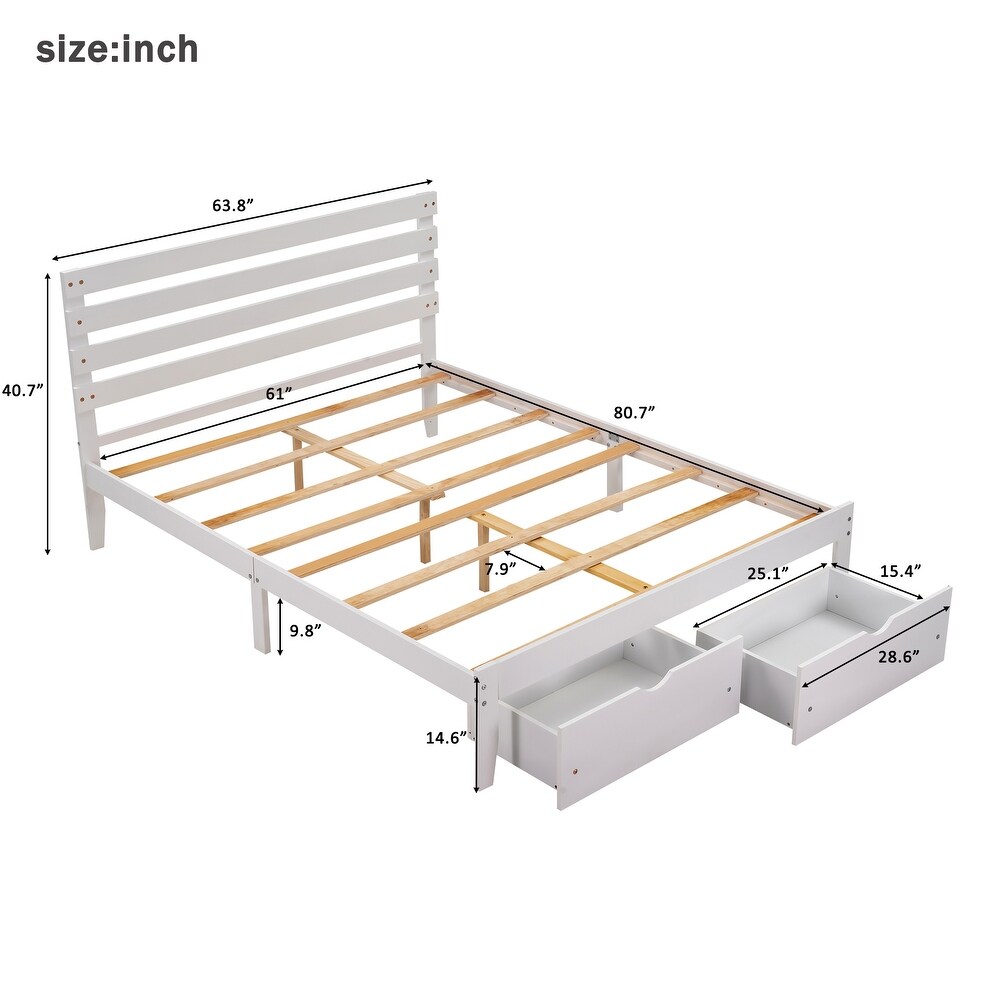 Solid Pine Platform Bed Frame with 2 Storage Drawers   Headboard