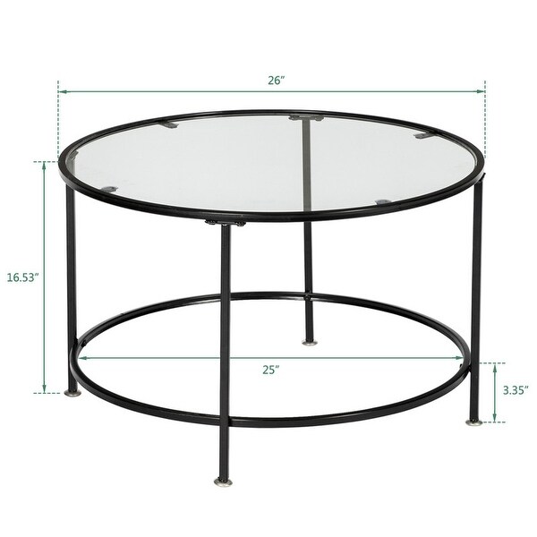 2 Layers Tempered Glass Countertops Round Iron Coffee Table Black