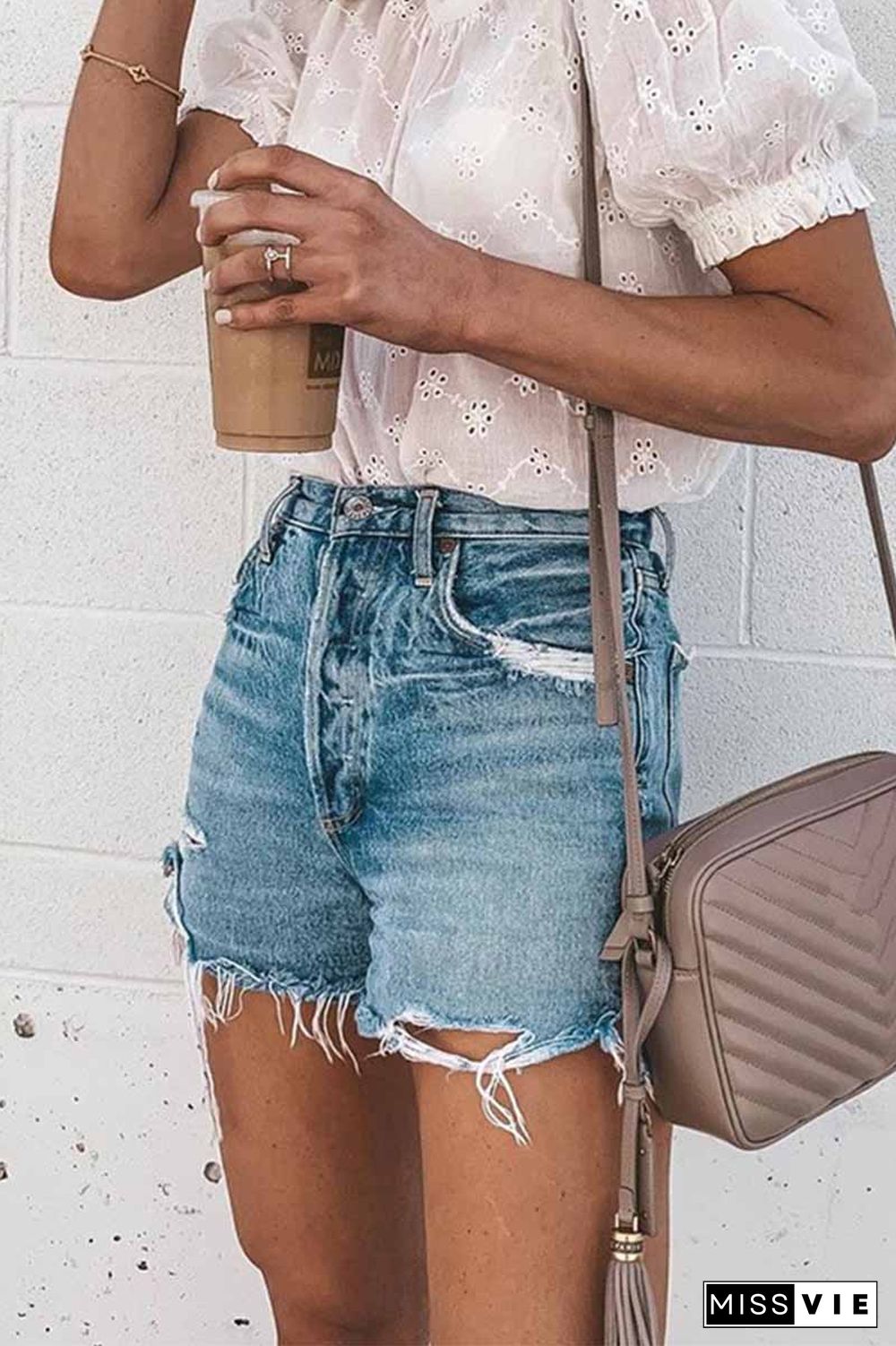 Summer Loose Button Ripped Fringed Denim Shorts