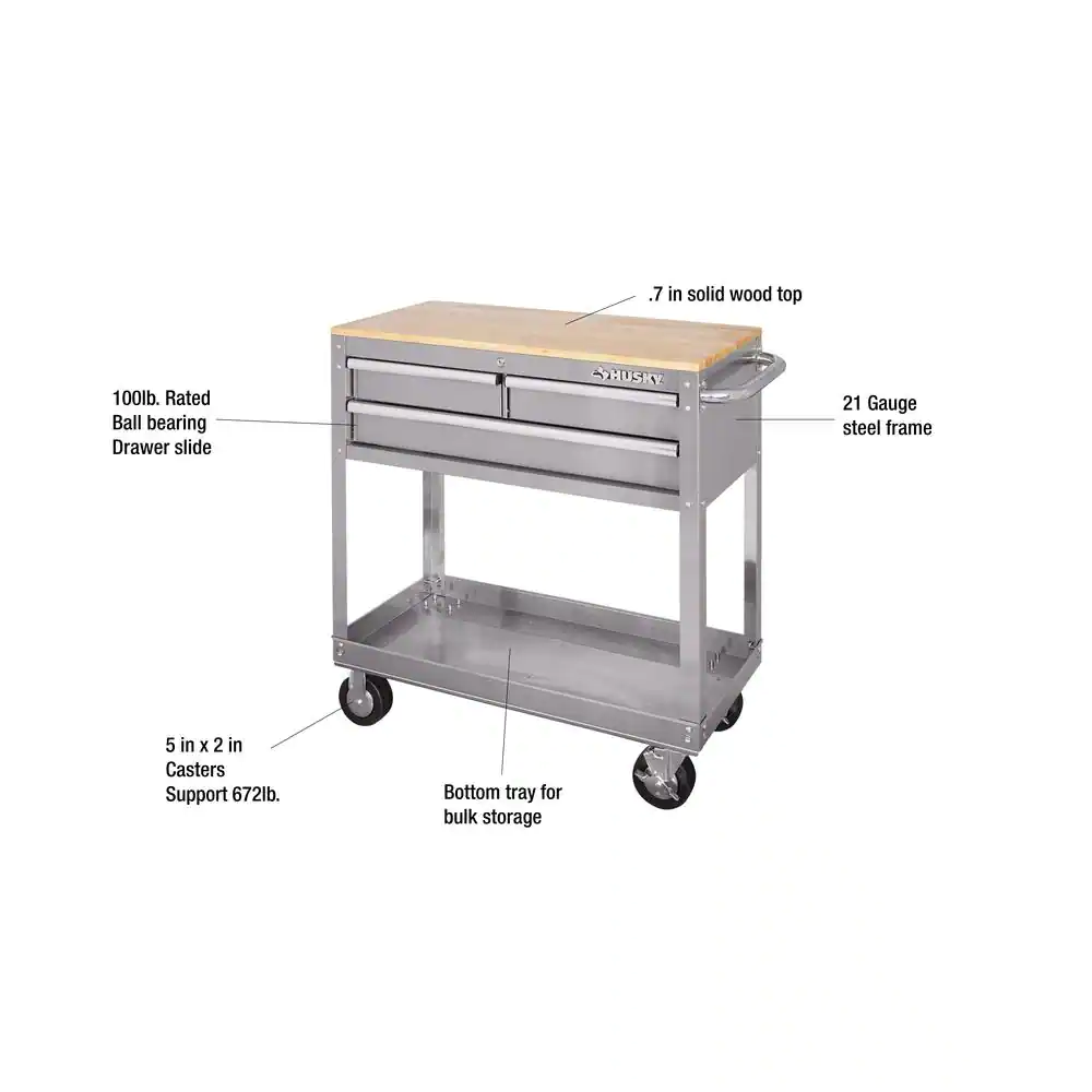 Husky HOUC3603BJX1 36 in. 3-Drawer with Solid Wood Top， Stainless Steel Utility Cart