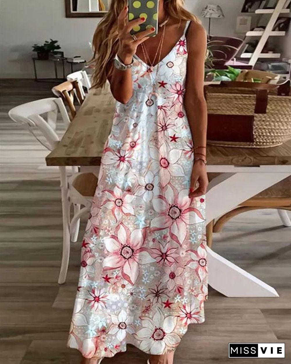 Slip Camellia Flower Print Maxi Dress