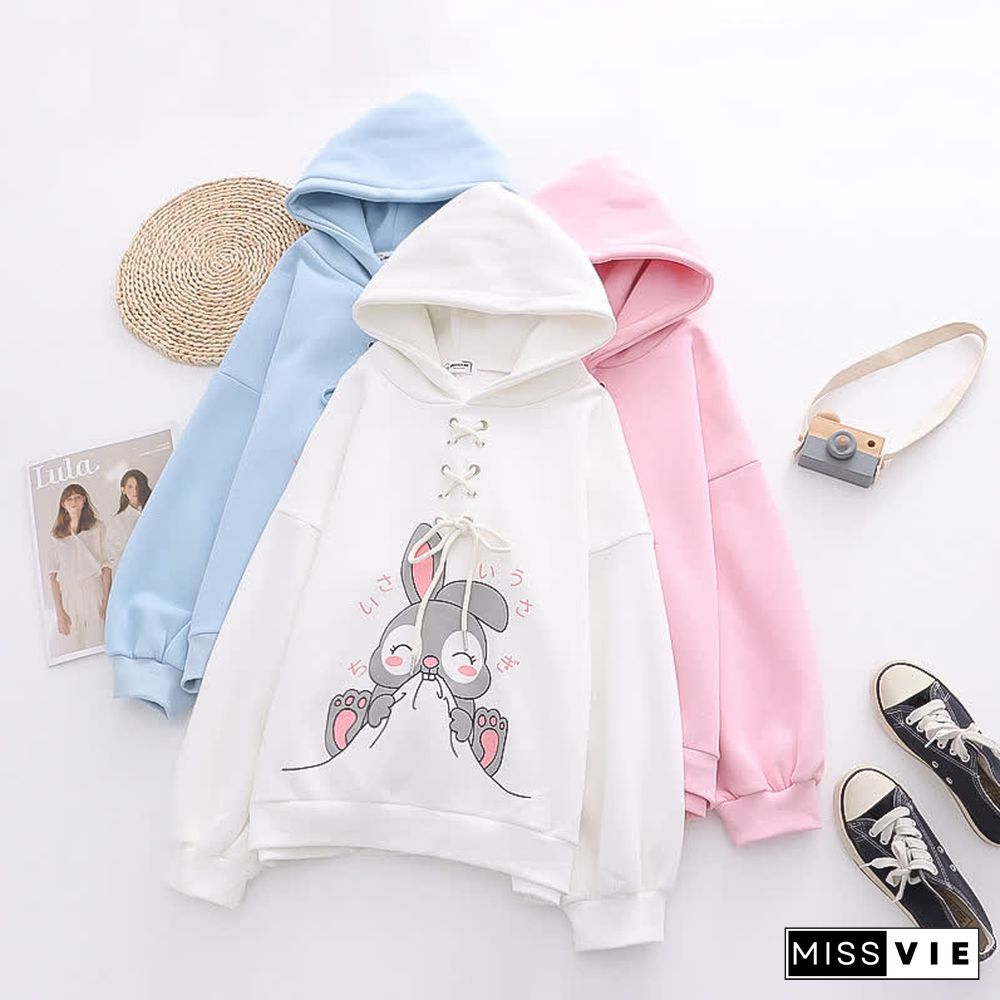 Cartoon Rabbit Print Lace Up Loose Plush Hoodie