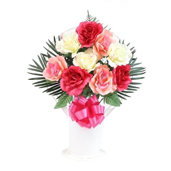 Memorial Large Rose Arrangement in Large，White Cemetery Hoop Basket with Handle