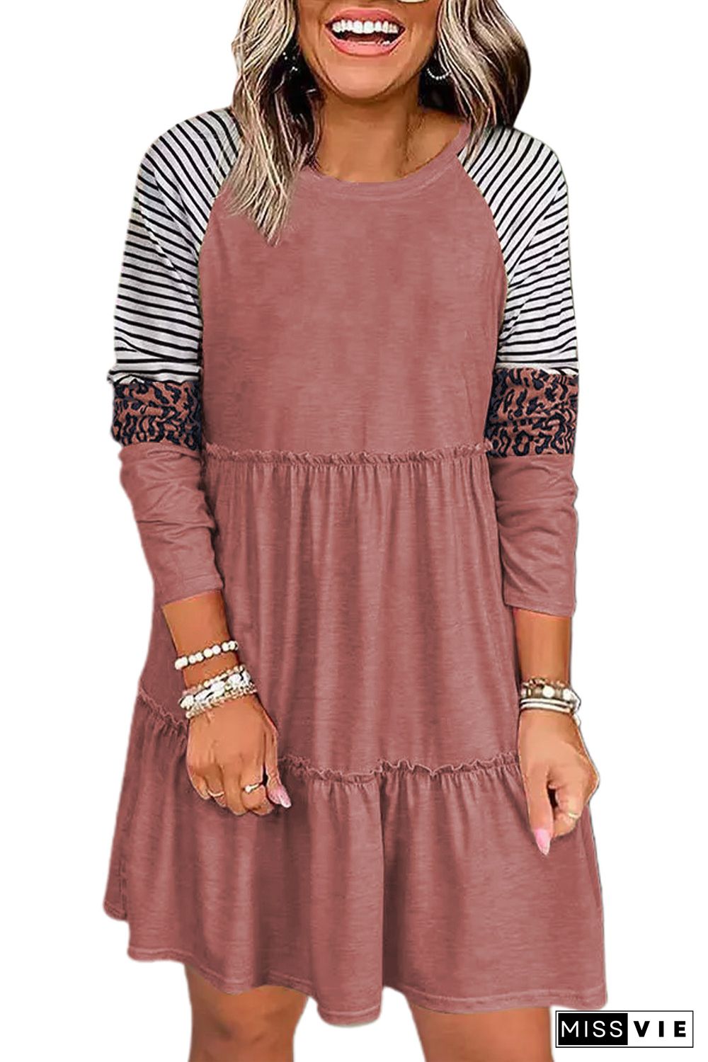 Pink Striped Leopard Patchwork Long Sleeve Mini Dress