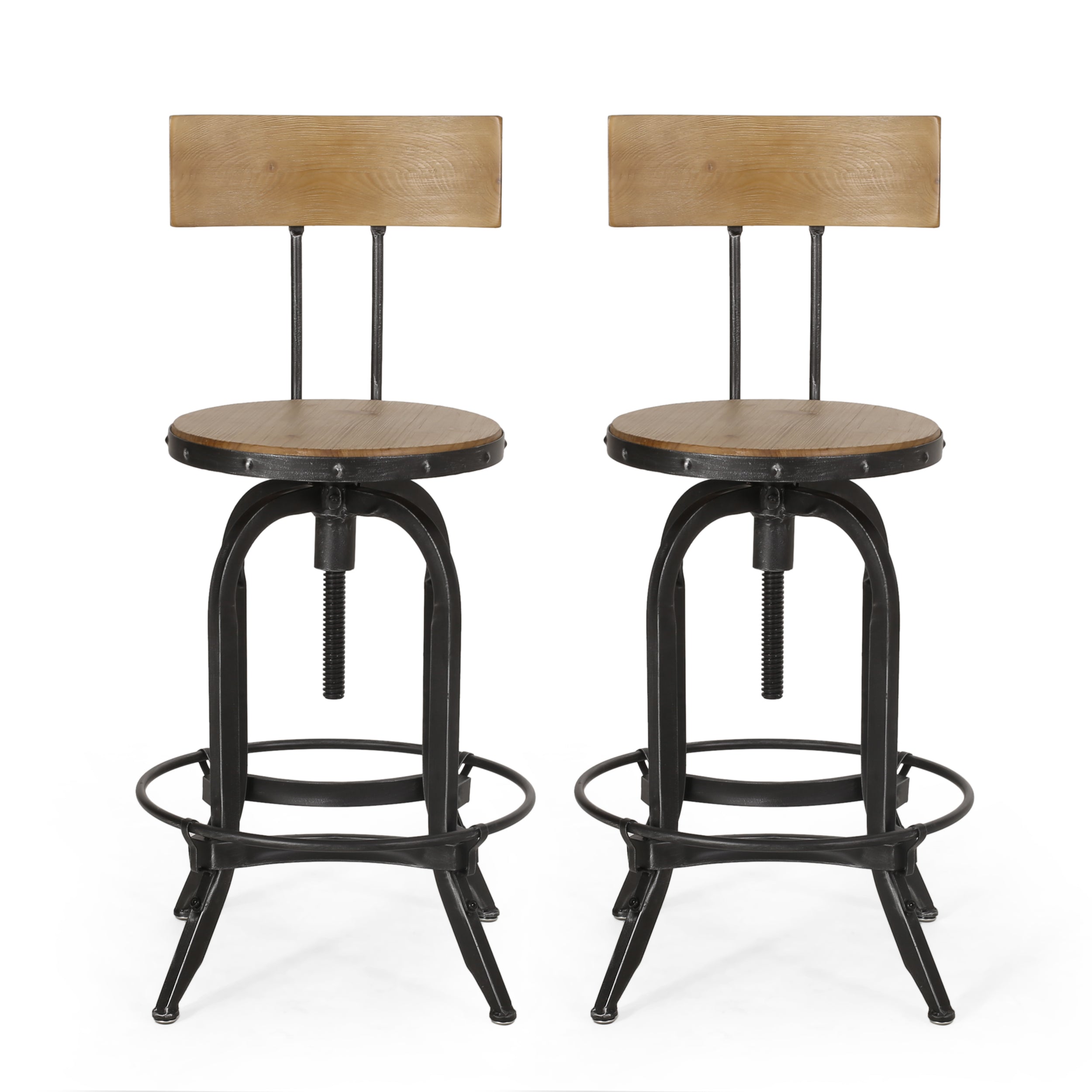 Pineview Modern Industrial Firwood Adjustable Height Swivel Barstools, Set of 2, Natural and Black Brushed Silver