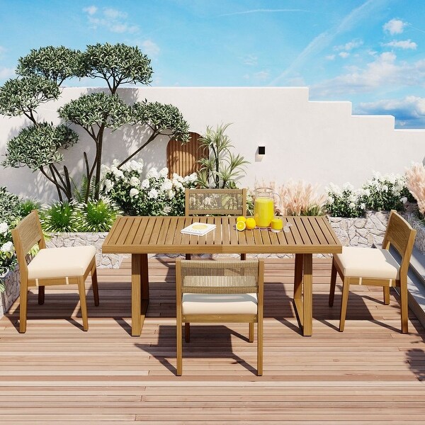 MultiPerson Outdoor Acacia Wood Dining Table and Chair Set，Thick Cushions，Suitable for Balcony