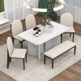 Harper  Bright Designs Modern Style 6-Piece White Rectangular Faux Marble Top Dining Table Set Seats-6 with 4-Upholstered Chairs and Bench XW062AAK