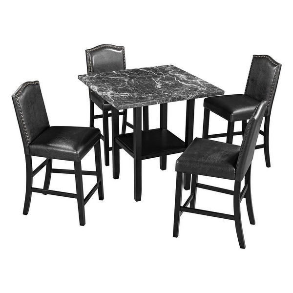 5 piece kitchen table， faux marble countertop， bottom shelf and 4 black leather upholstered chairs