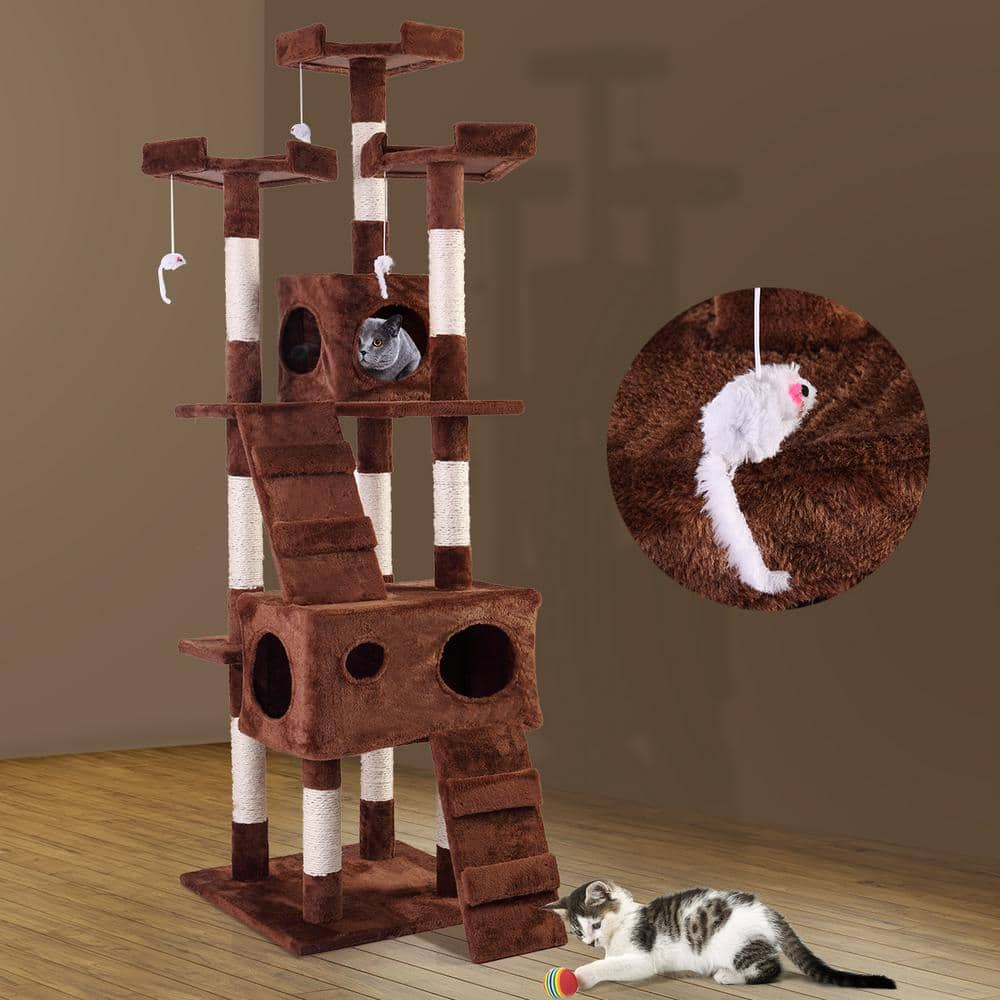 COZIWOW 67 in. Cat Tree Brown Tower Condo Soft Flannel Covered CW12T0193