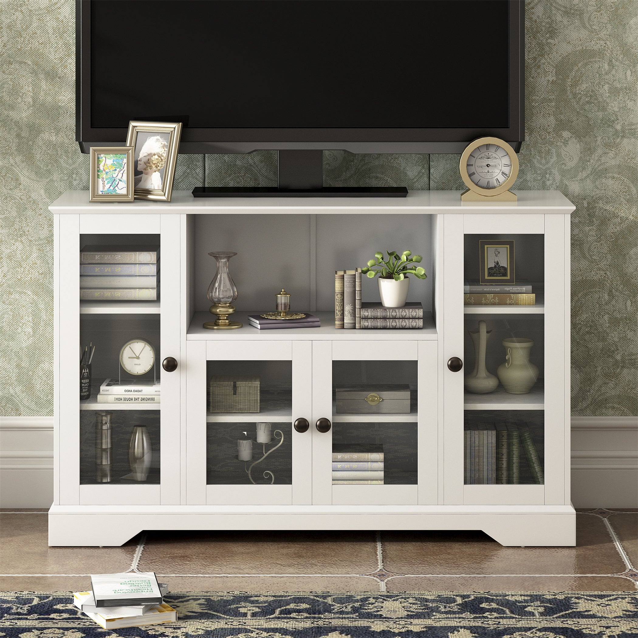 TV Stand for TV up to 60 in with Glass Door Adjustable Panel Sideboard