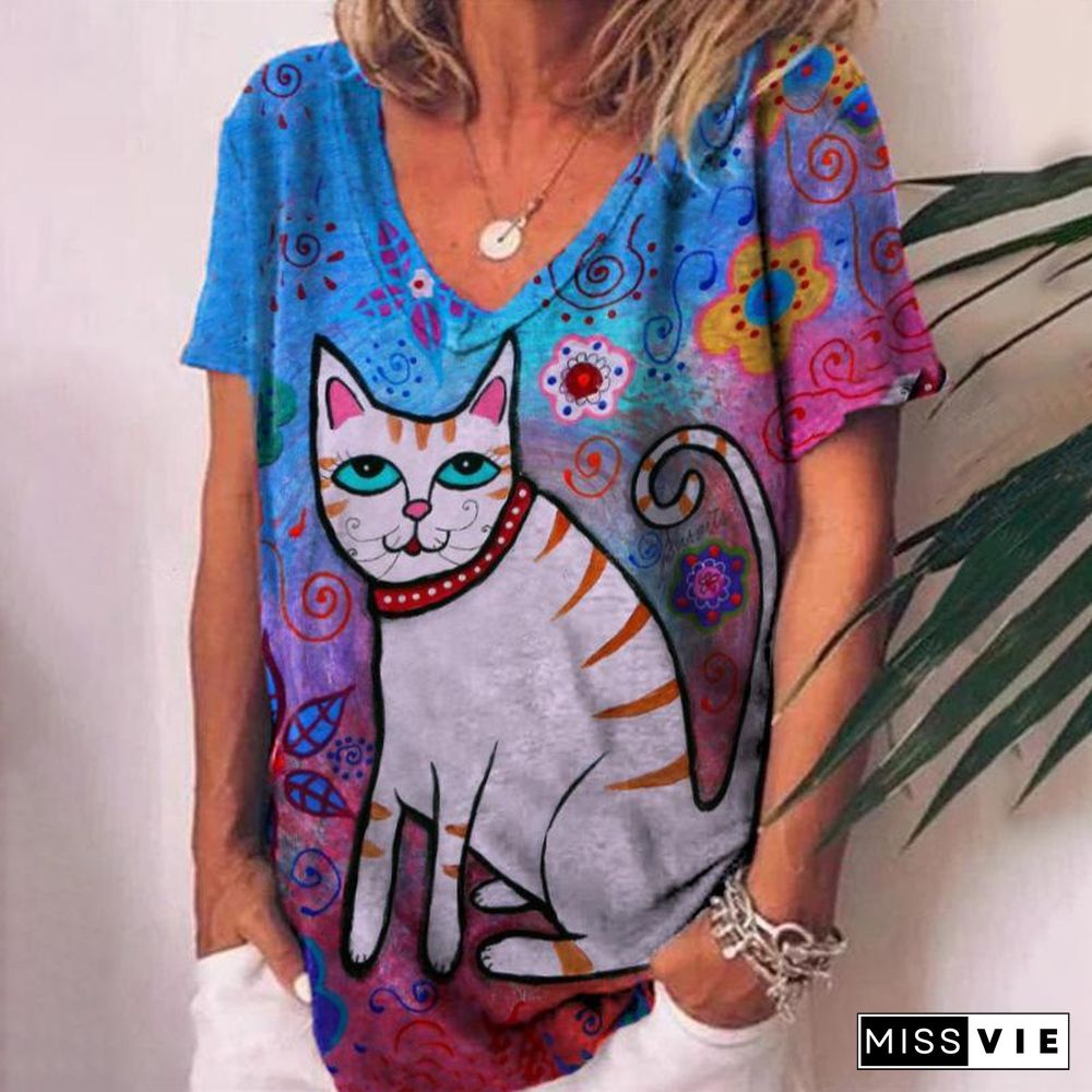 V Neck Black Cat Printed Pink T-Shirt