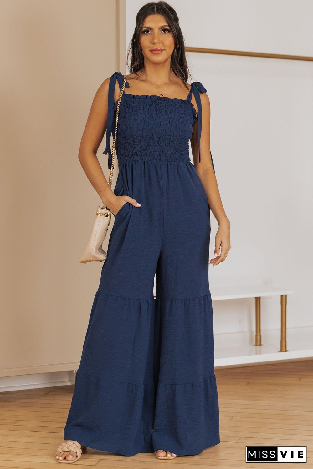 Blue Tie Straps Shirred Bodice Tiered Wide Leg Jumpsuit