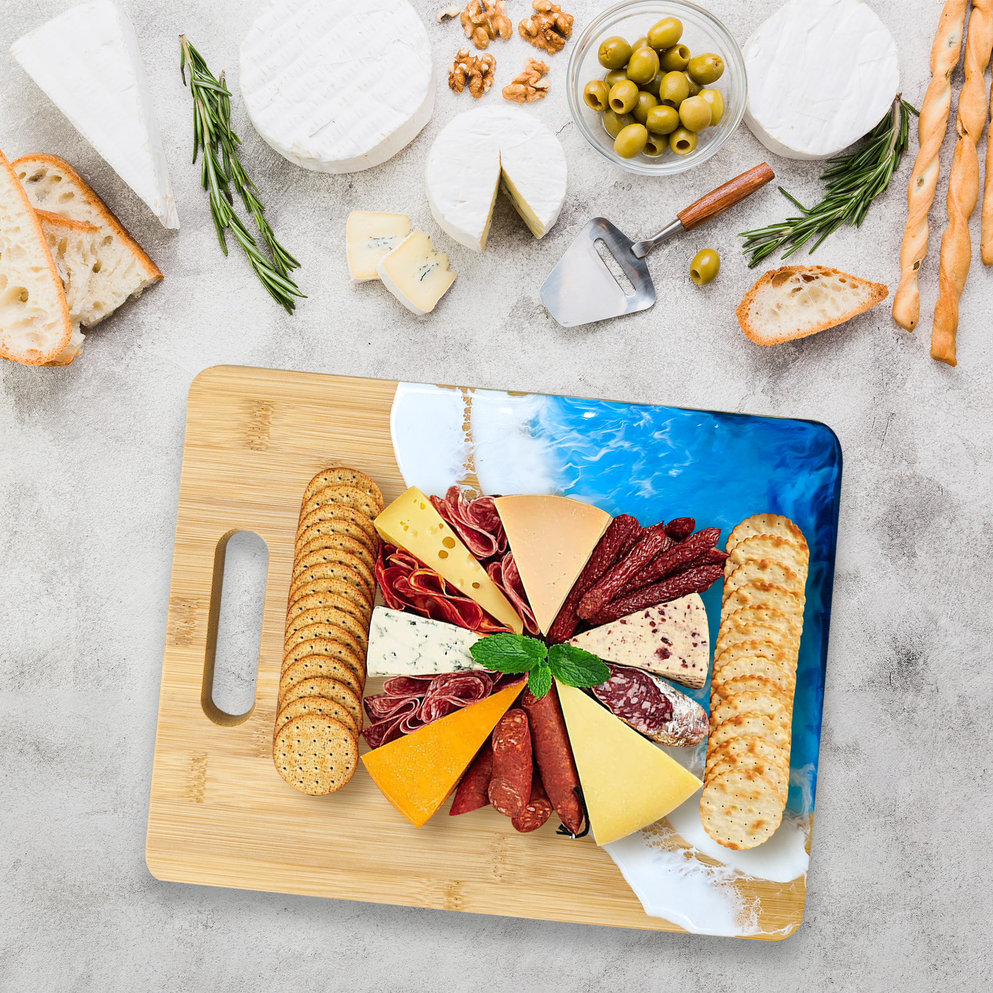 Bamboo Ocean Epoxy Resin Cutting Board – 11x8.5x0.5in Charcuterie Board w/Handle， Home and Commercial Use – Eco-friendly Multiple Bamboo Wood Cheese Board