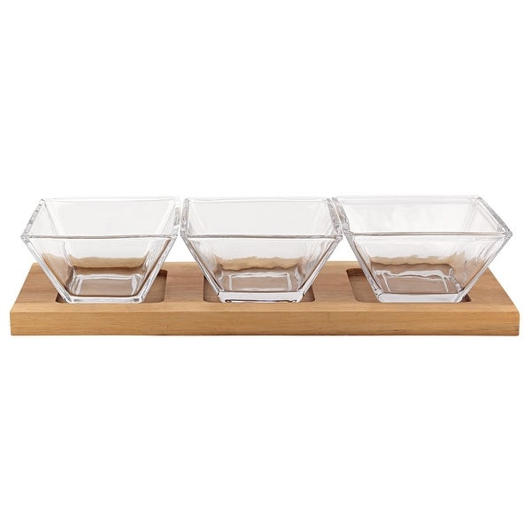 4 Mouth Blown Crystal Hostess Set 4 pc With 3 Glass Condiment or Dip Bowls on a Wood Tray - 5 W x 5 D x 12 H