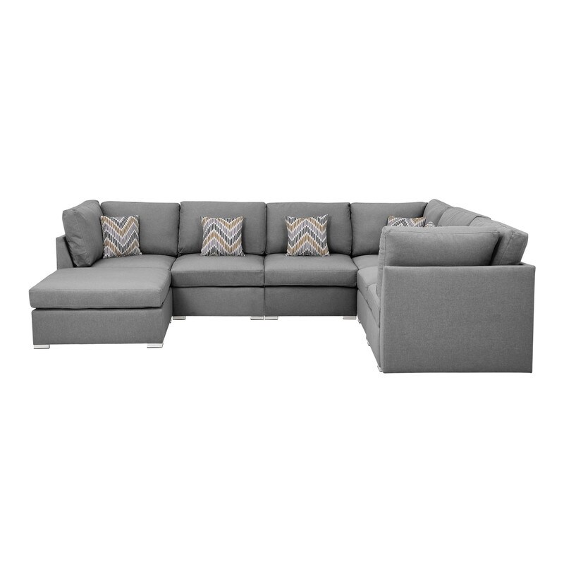 7Pc Modular Sectional Sofa  Reversible Fabric Sofa Chaise with 6 Accent Pillows and Removable Seat and Back Cushions