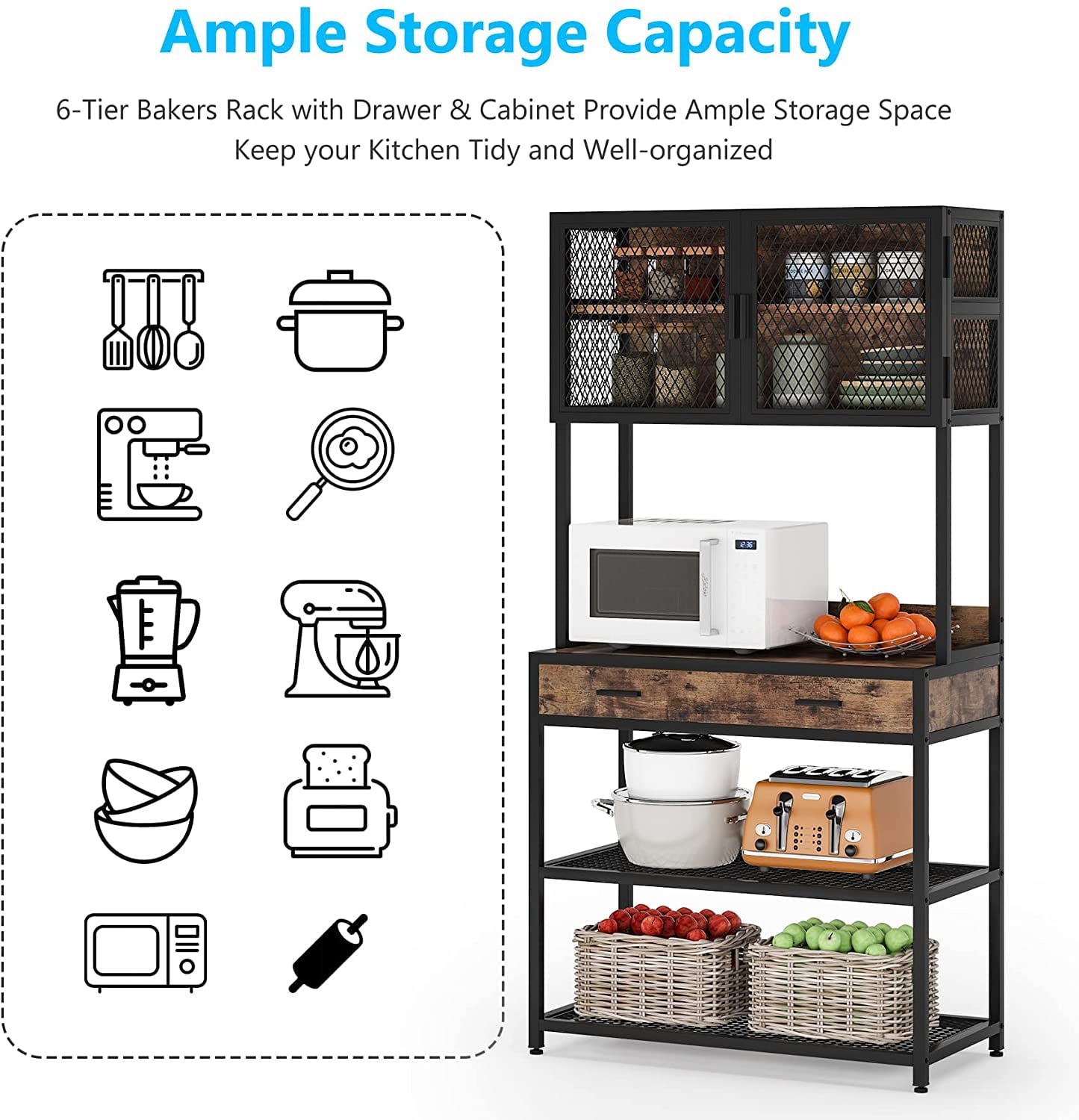 Tribesigns Kitchen Bakers Rack， Microwave Oven Stand with Storage Shelves Cabinet and Drawer， Bakers Racks for Kitchens with Storage Hutch， Kitchen Storage Shelf Organizer Rack for Dinning Room