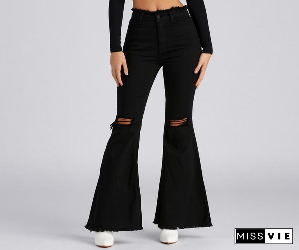 Plus Size Ripped High Waist Flare Denim Pants