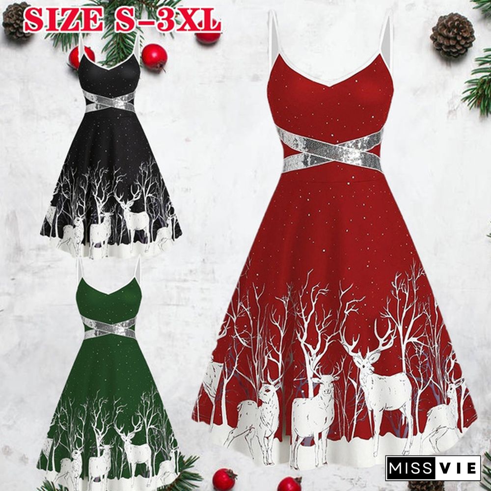 S-XXXL Fashion Suspender Skirt Christmas Print Sequin Patchwork Sleeveless Dress Santa Xmas Deer Skater Party Dresses