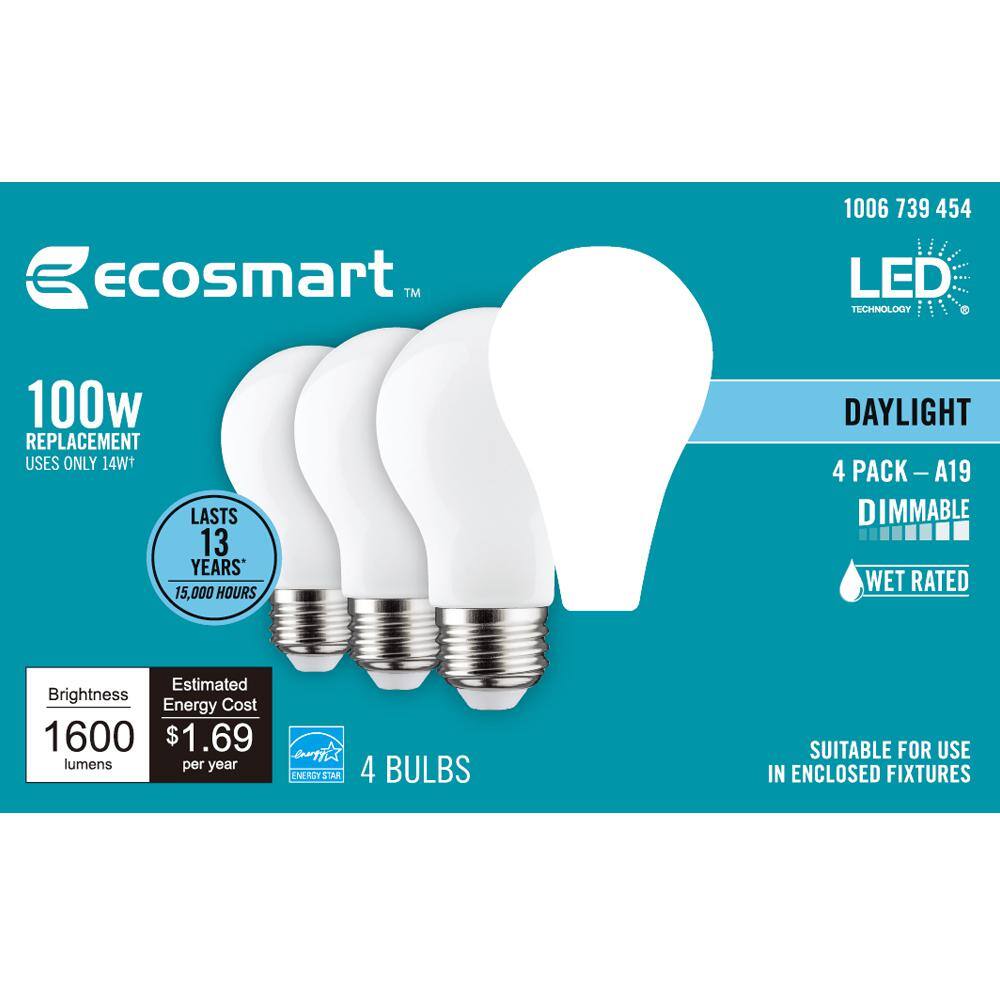 EcoSmart 100-Watt Equivalent A19 Energy Star Dimmable LED Light Bulb Daylight (4-Pack) A19J14DE26850Z