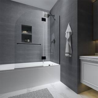 INSTER VENUS 48 in. W x 58 in. H Pivot Frameless Tub Door in Black Hinges with Clear Glass (Include Fixed Panel) HDBTYNSD0012