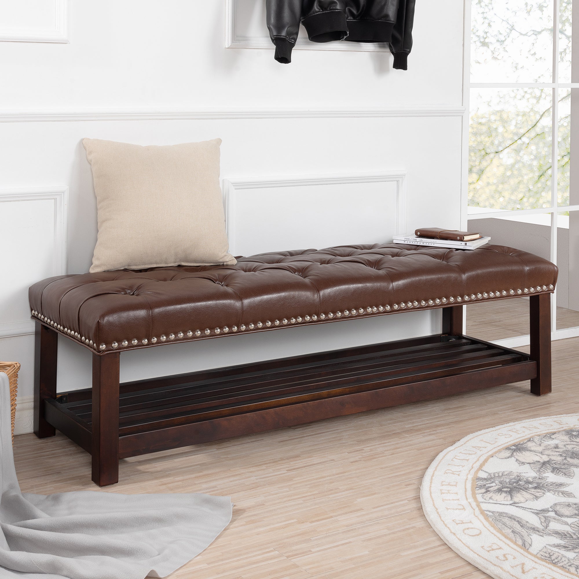 LANTRO JS Wooden Base Upholstered Bench for Bedroom for Entryway