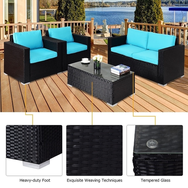 4PC Rattan Patio Furniture Set Outdoor Wicker With Blue Cushion