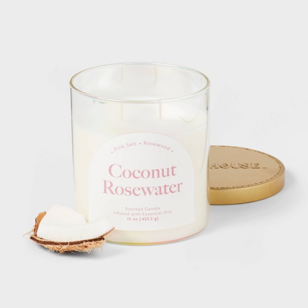 2 wick 15oz Glass Jar Candle With Iridescent Sleeve Coconut Rosewater