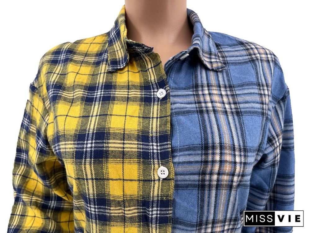 Plaid Patchwork Single-breasted Lapels Loose Shirts