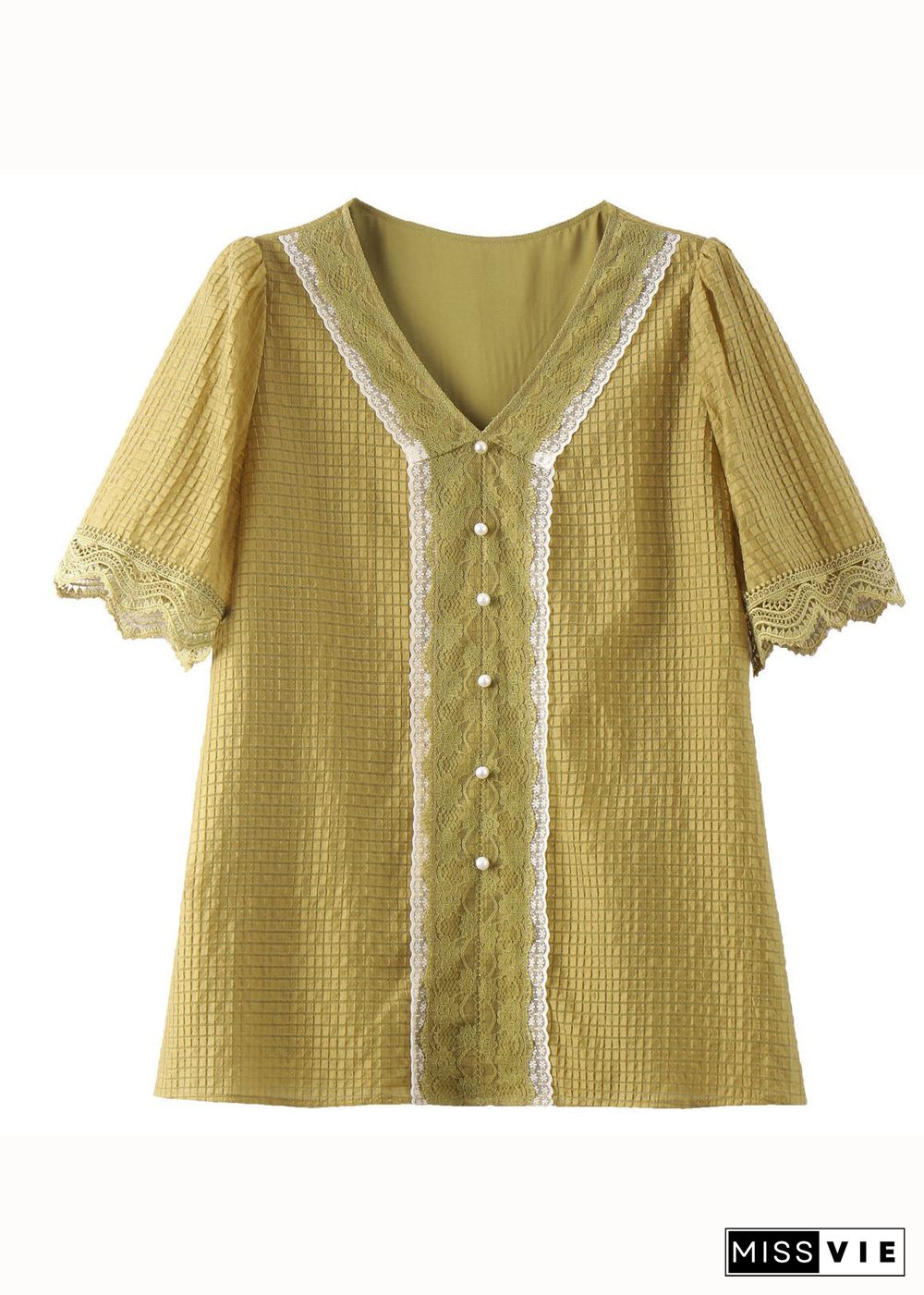 Classy Yellow V Neck Lace Nail Bead Patchwork Cotton Shirt Summer