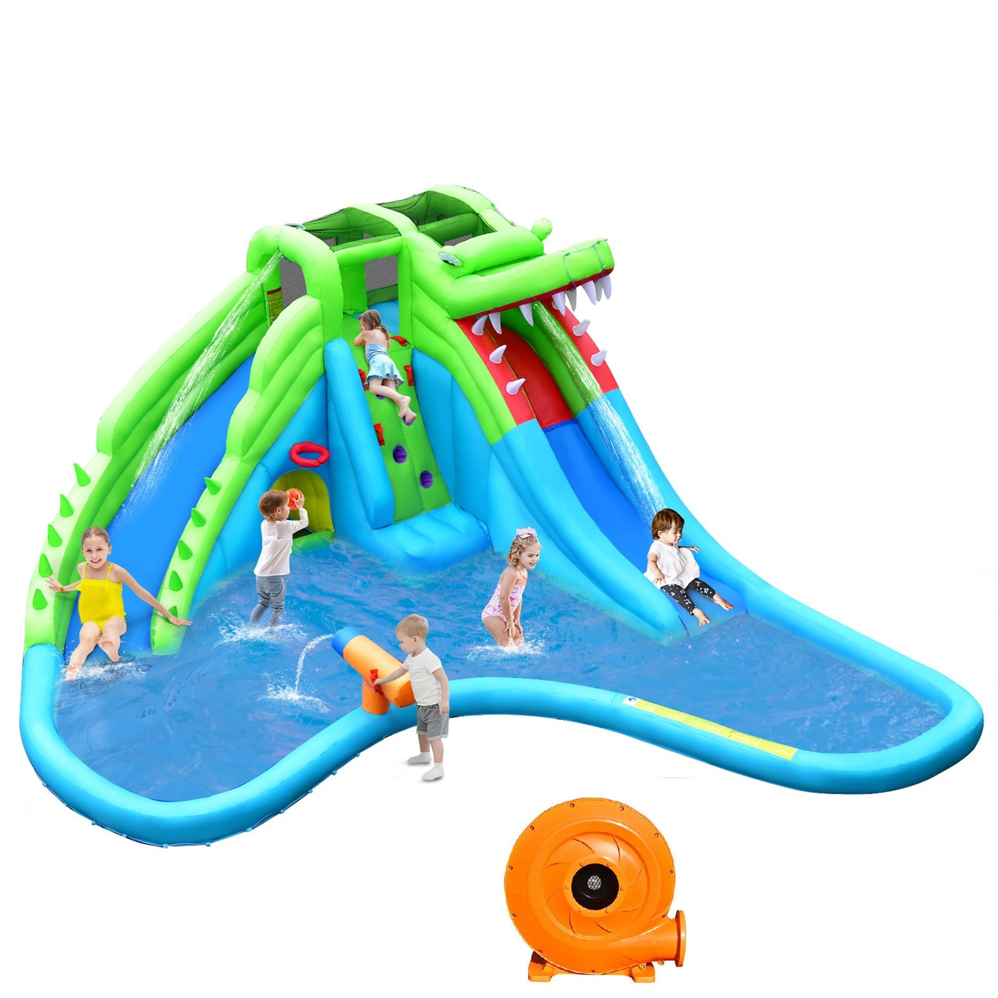 Gymax Crocodile Inflatable Water Slide Park Kids Bounce House w/ Dual Slides With 780W Blower