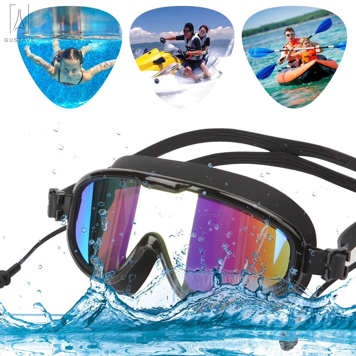 Gustavedesign Swimming Goggles Anti-UV Anti-Fog No Leaking Goggle Mirror Clear Swim Glasses for Adult Men Women Youth with Free Protection Case (Black)