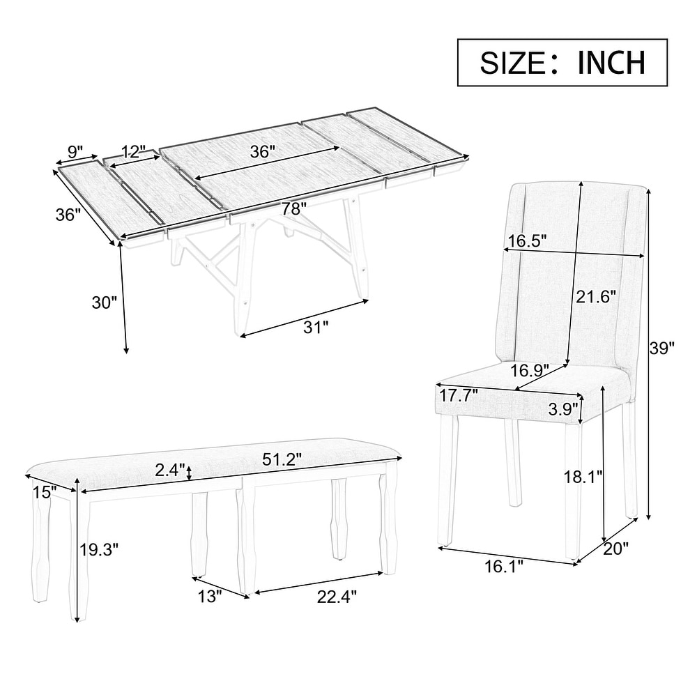 6 Piece Set  Extendable Dining Table with 4 Upholstered Chairs and 1 Bench