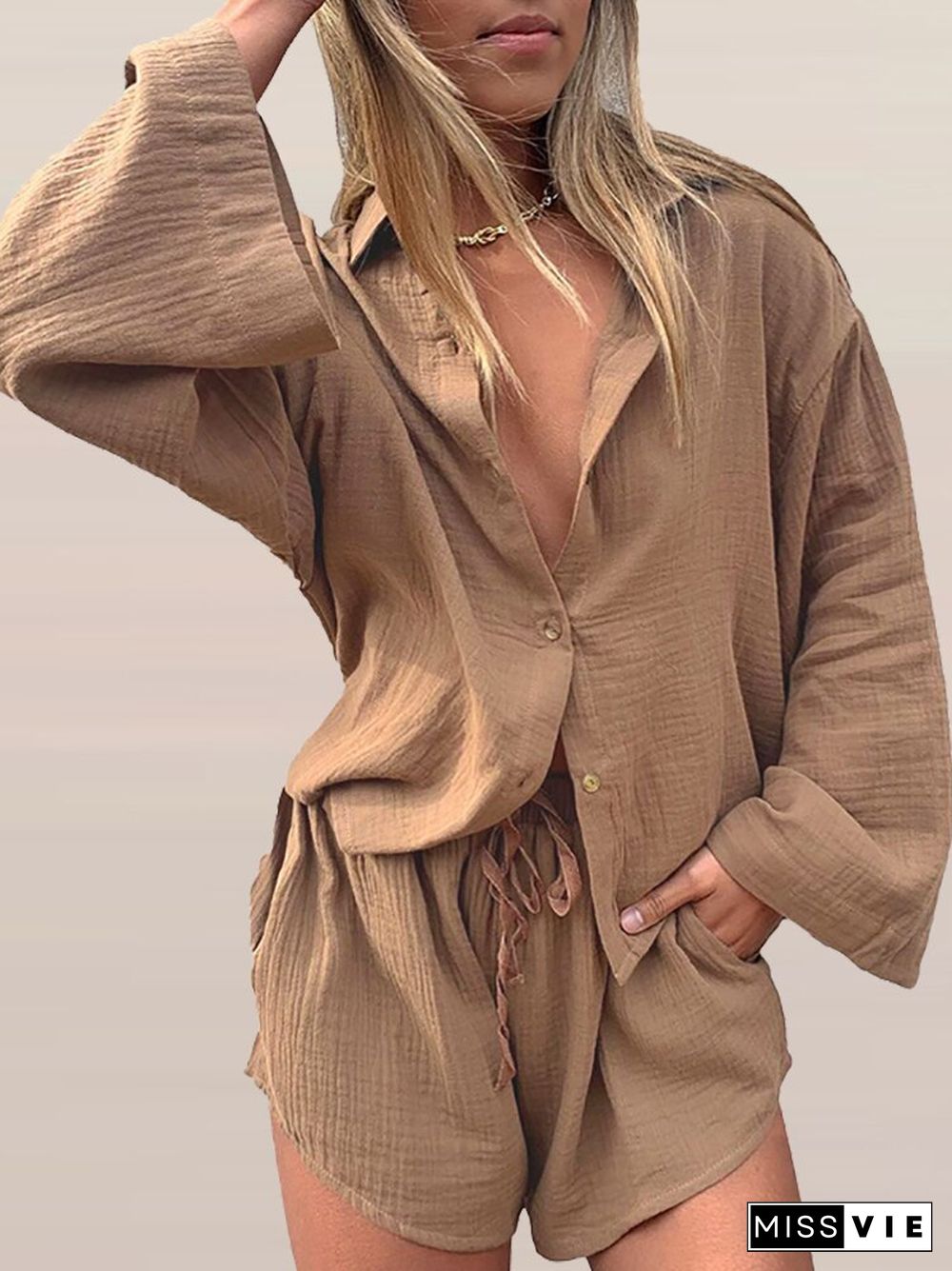 Elegant Lapel Single Breasted Loose Suit Solid Streetwear Outfit Women Long Sleeve Top & Shorts Cotton Linen Casual 2pc Set