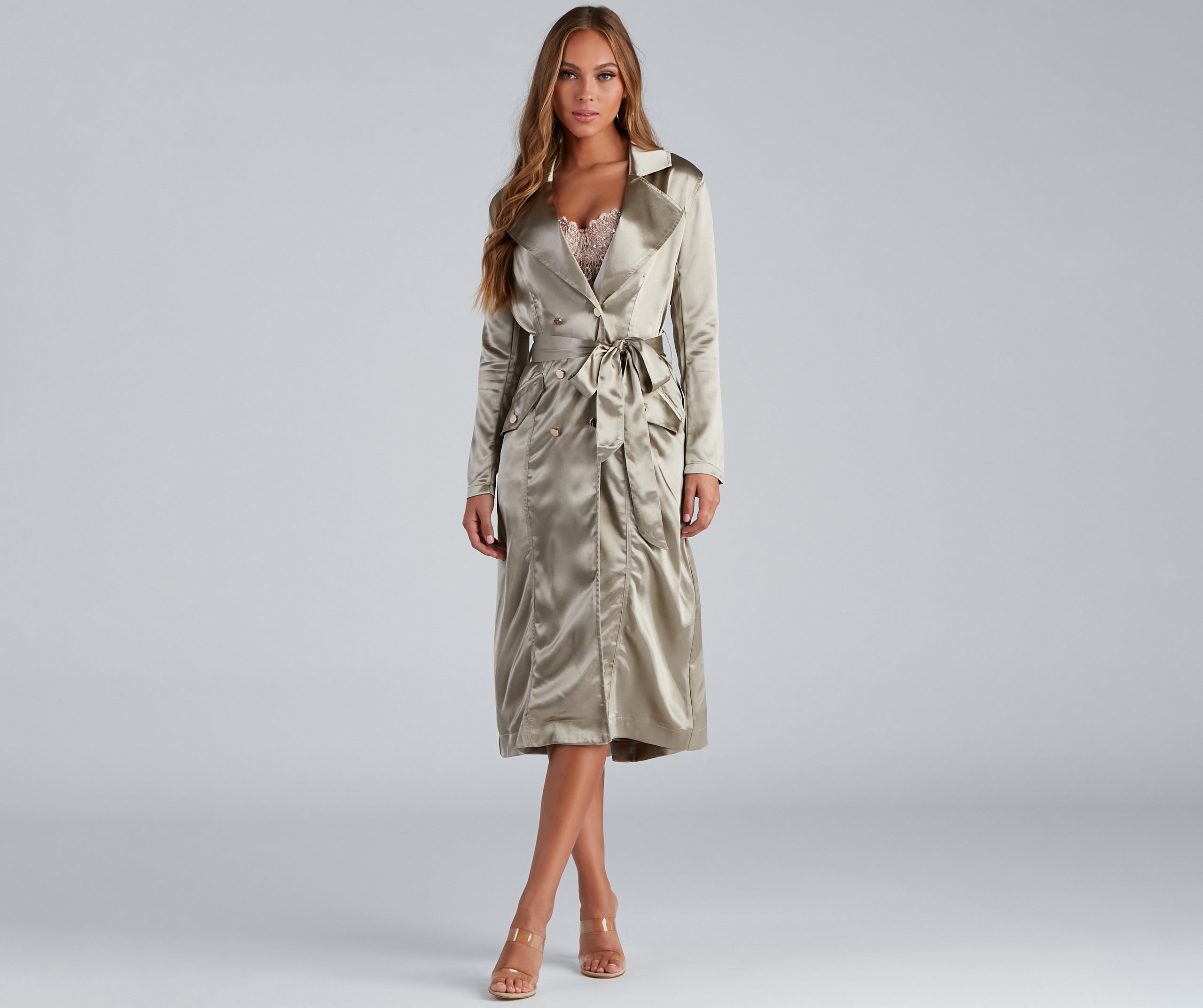 Sleek Sophistication Belted Satin Trench