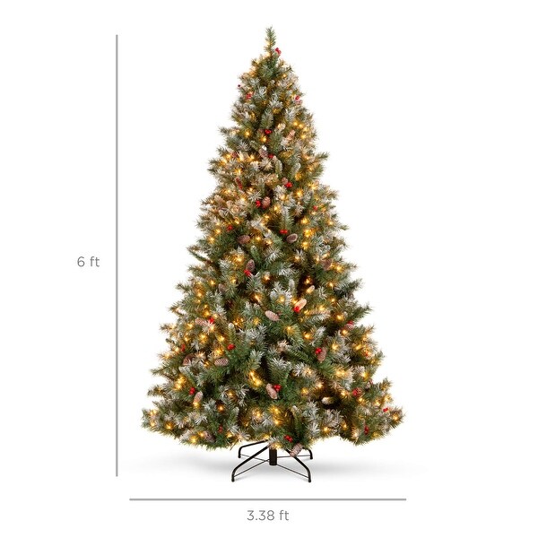 6Ft Prelit PreDecorated Pine Hinged Artificial Christmas Tree w/ 818 Flocked Frosted Tips，58 Pine Cones 58 Berries 250 Lights