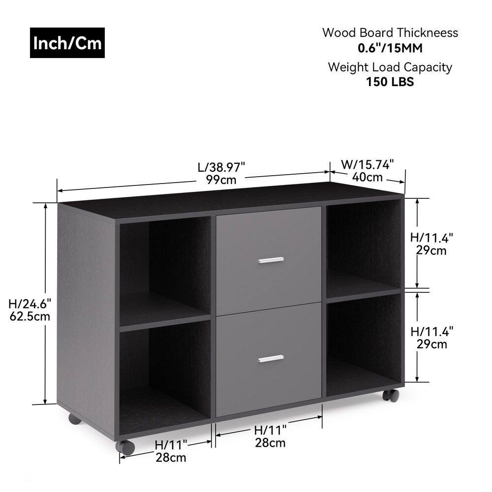 URTR Home Office Black and Dark Gray Wood Lateral File Cabinet with Drawer and Open Shelves Storage Cabinet with Wheels HY02310Y