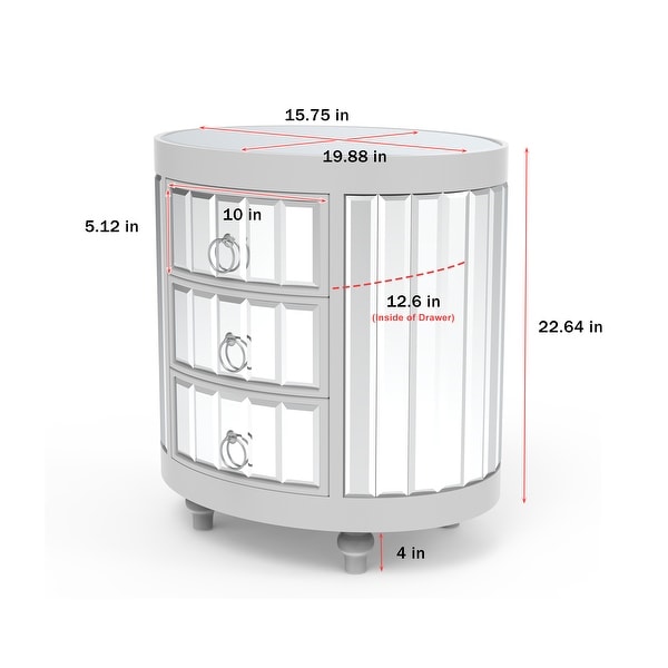 Round Mirrored Nightstand with 3-Drawers， Mirror End Table Silver Bedside Table