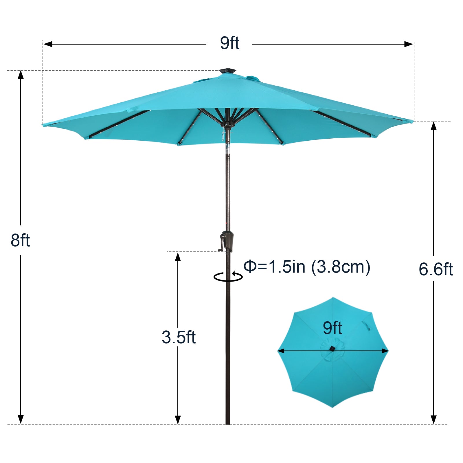 COBANA 9’ Solar Patio Umbrella with 32 LED Lights, Outdoor Table Market Umbrella with Tilt and Crank, Blue