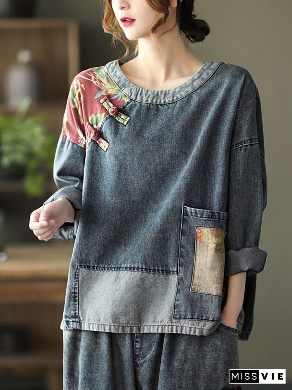 Women Retro Stitching Patchwork Print Floral Denim Sweatshirt