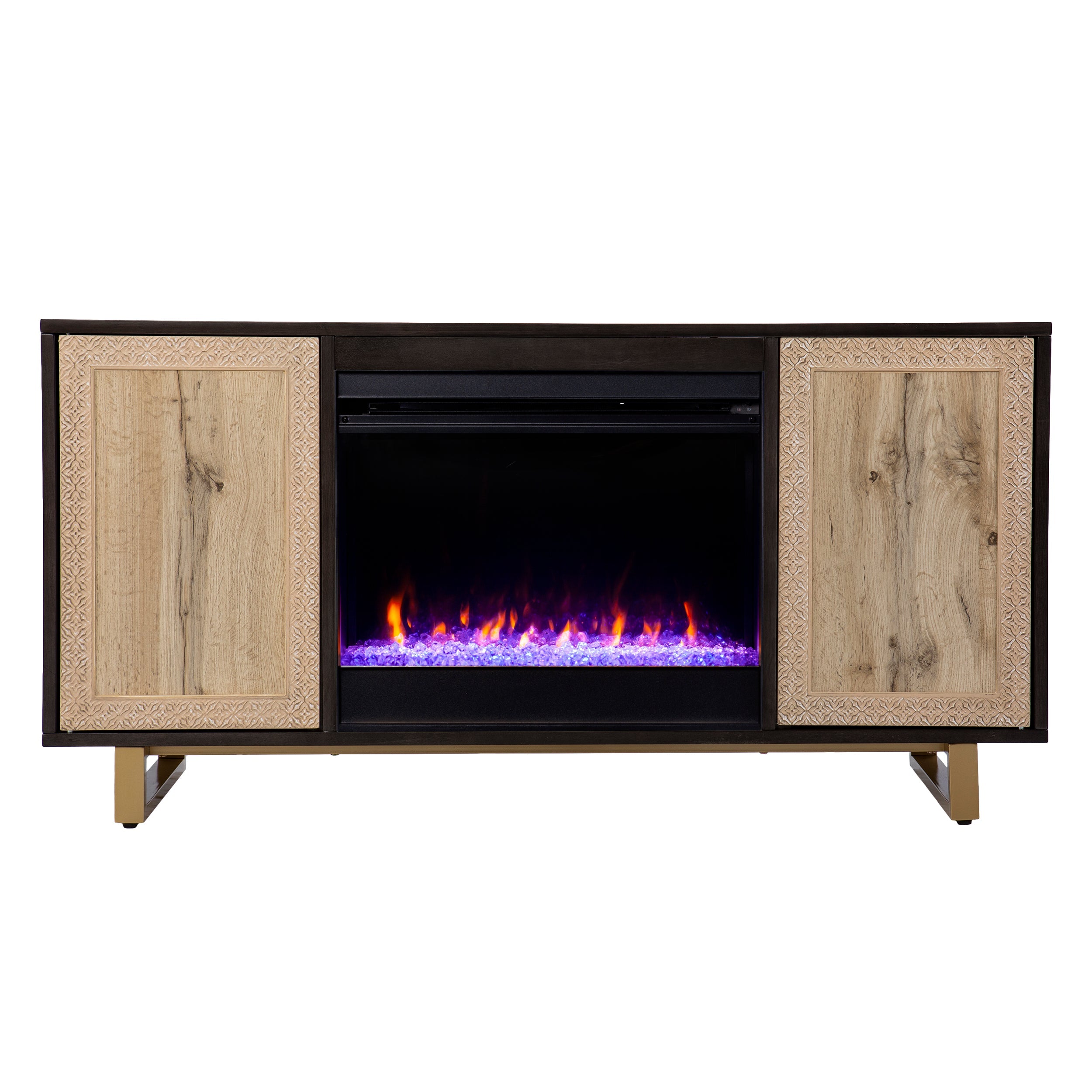 SEI Furniture Wilcola Freestanding Transitional Color Changing Electric Fireplace W/ Media Storage in Dark Brown, Natural, and Gold Finish