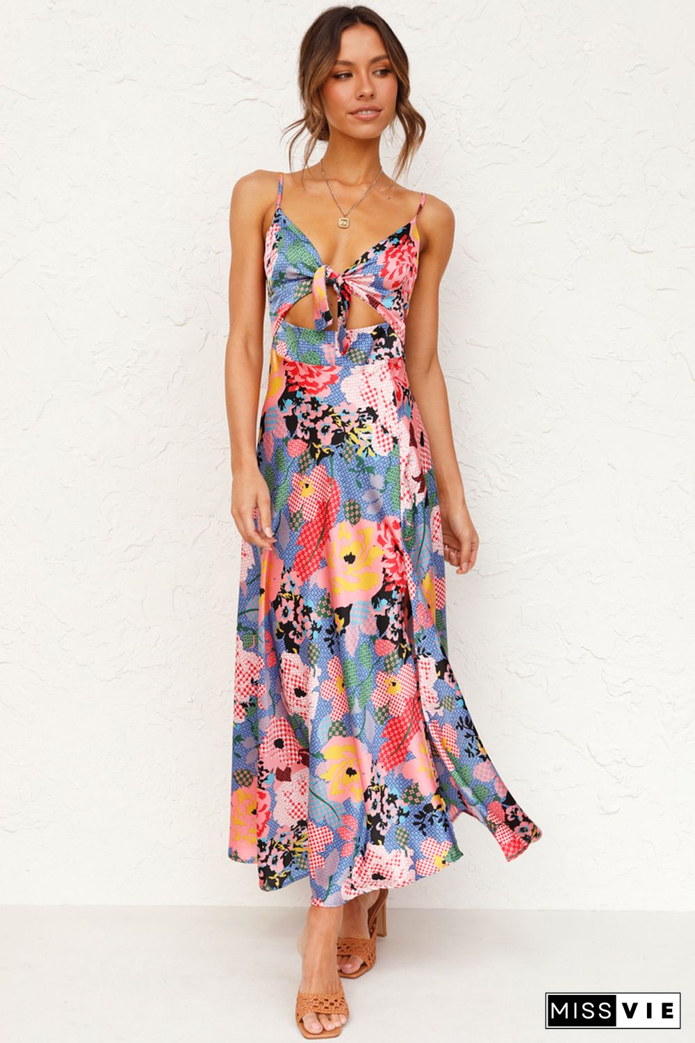 Multicolor Floral Print Bust Knot Long Dress with Slit