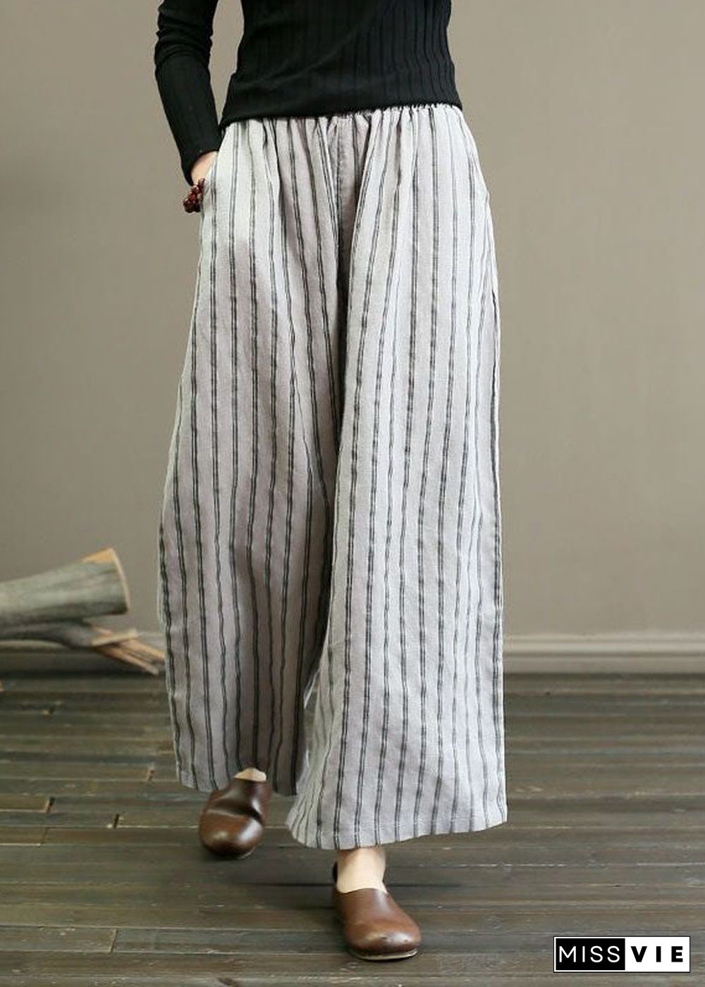 French Grey Pockets Striped Linen Straight Pants Summer